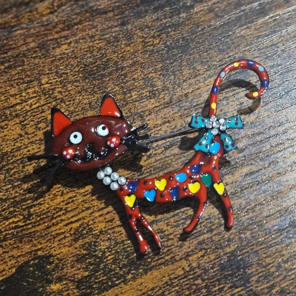 Fashion Jewelry Red Cat Brooch Multicolor Rhinestone Eclectic Grannycore NWT